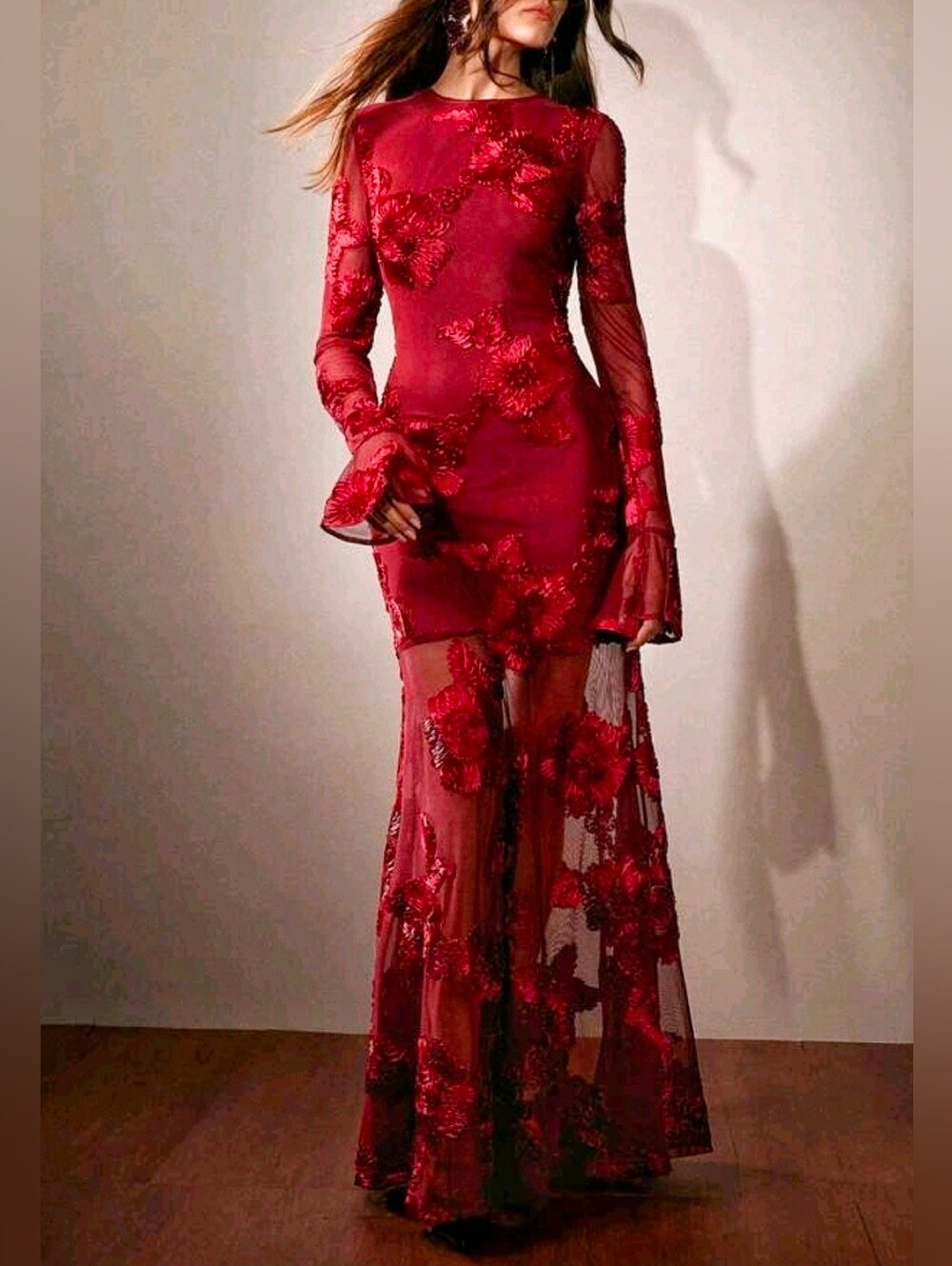 New Luxe Embroidered Sheer Floral Mesh Bodycon Mermaid Dress Red - Picture 5 of 15
